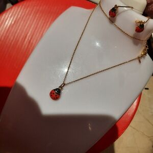 Vintage Authentic Joan Rivers Ladybug Gold Jewelry Set Necklace Earrings 10piece